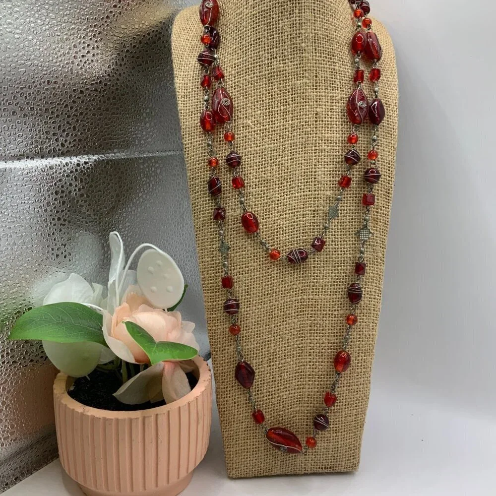 Handcrafted Vintage Style Boho Red Glass Beaded Metal Accent Long Necklace